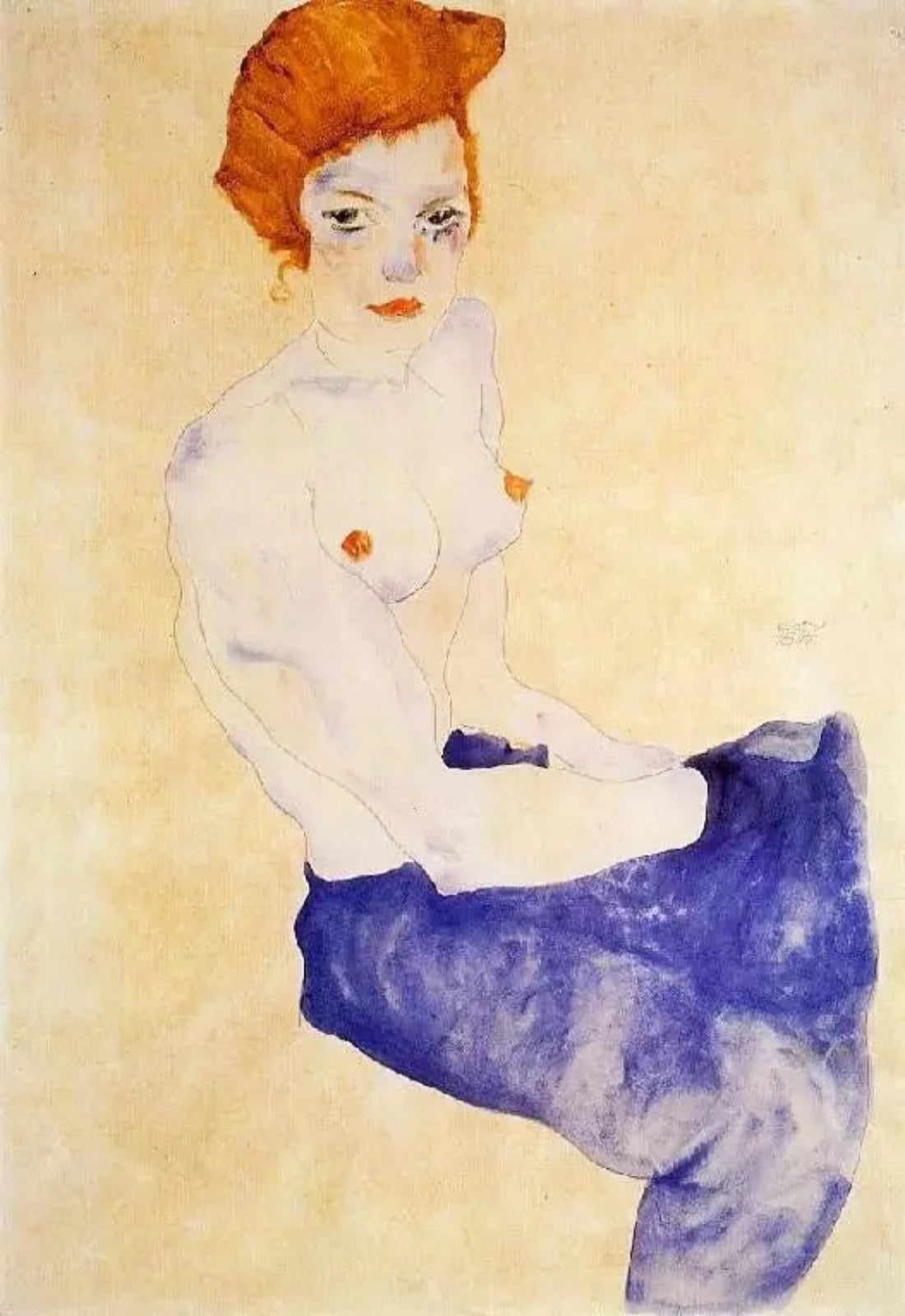 Egon Schiele Seated Girl with Bare Torso and Light Blue Skirt - Alaya Gallery