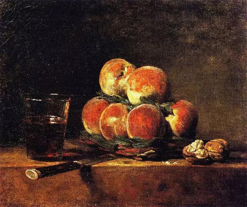 Jean-Baptiste-Simeon Chardin Basket of Peaches with Walnuts, Knife and Glass of Wine - Alaya Gallery