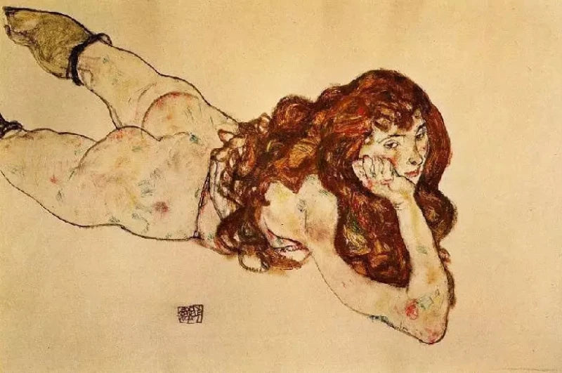 Egon Schiele Female Nude Lying on Her Stomach - Alaya Gallery