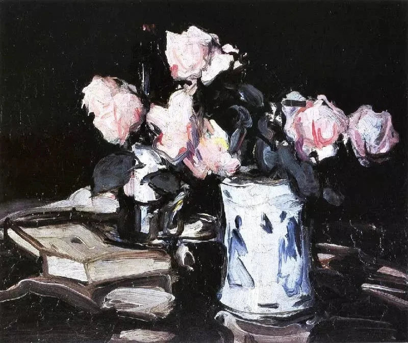 Samuel John Peploe Roses in a Blue and White Vase, Black Background - Alaya Gallery