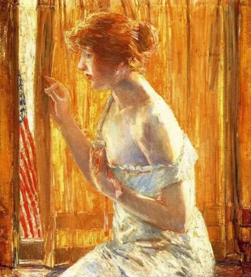 Frederick Childe Hassam The Flag Outside Her Window, April 1918, also known as Boys Marching By, 1918 - Alaya Gallery